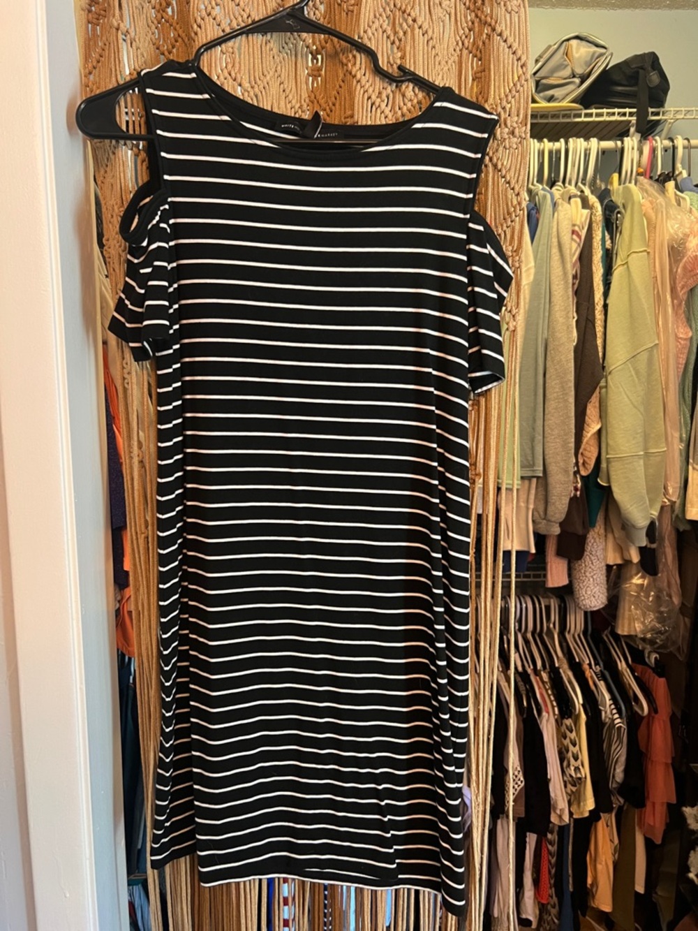 White House Black Market Black & White Striped Cold-Shoulder Mini Dress